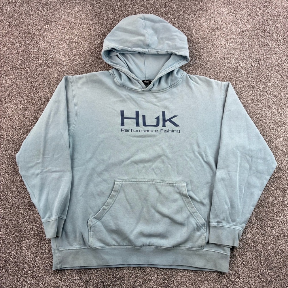 Huk Performance Fishing Hoodie Mens Large Light Blue Graphic Pullover Sweatshirt